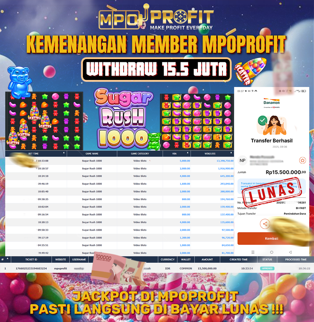 MPOPROFIT JACKPOT SLOT PRAGMATIC PLAY! KEMENANGAN MURNI DI (SUGAR RUSH 1000 TOTAL RP. 15.500.000,- LUNAS)